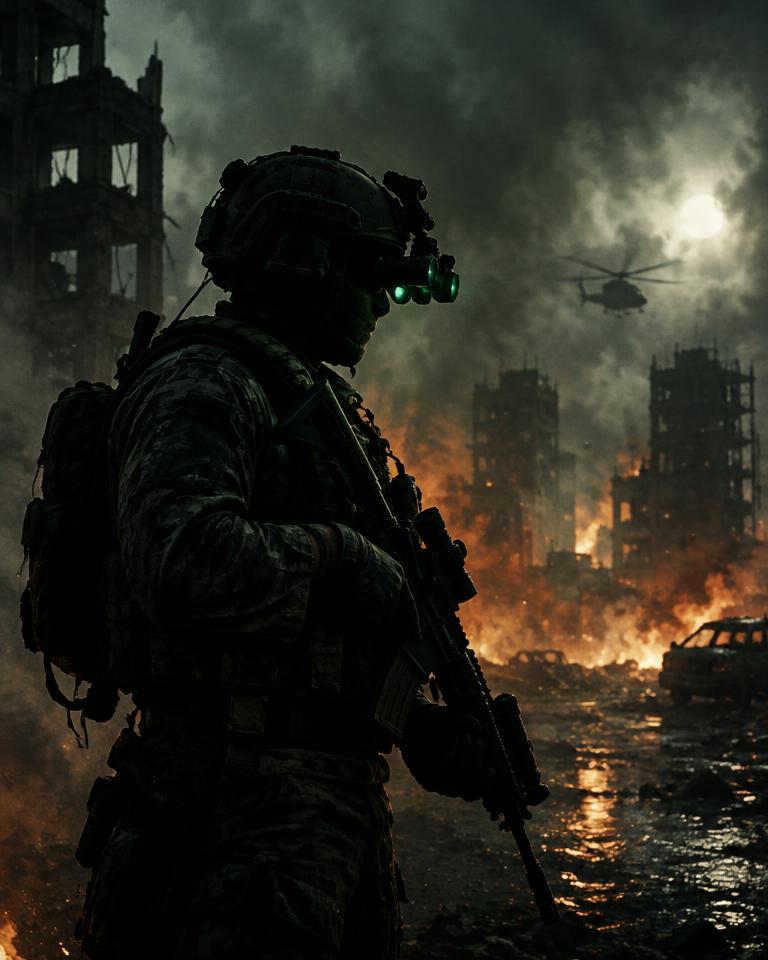 Concept artwork: soldier with night vision in a smoky ruined city