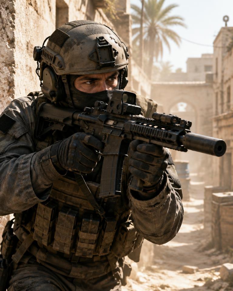 Concept artwork: operator aiming a rifle in a sunlit desert alley
