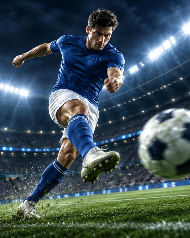 Concept artwork: footballer striking a ball under stadium floodlights