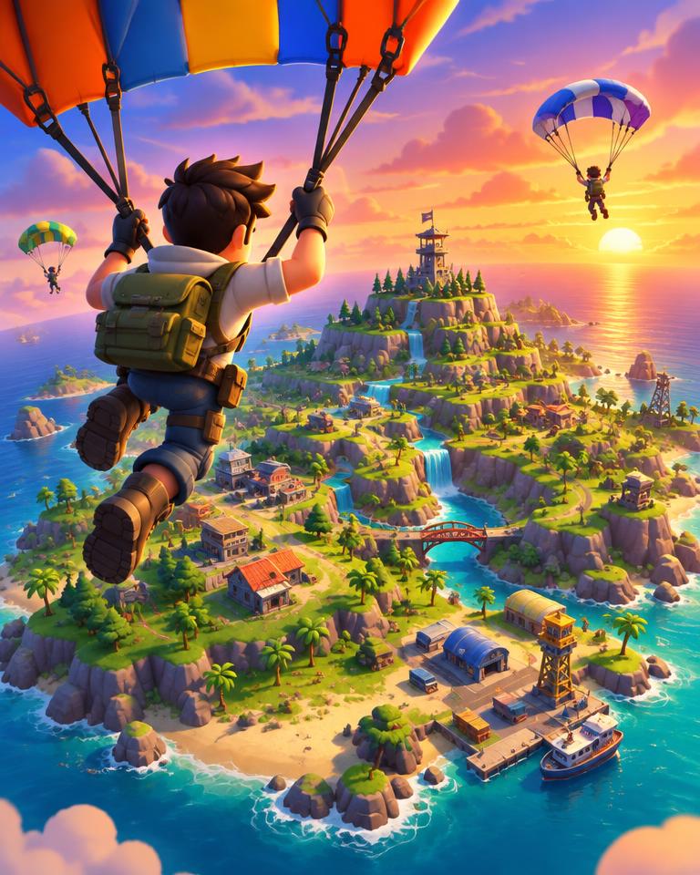 Concept artwork: cartoon hero parachuting onto a colorful island at sunset