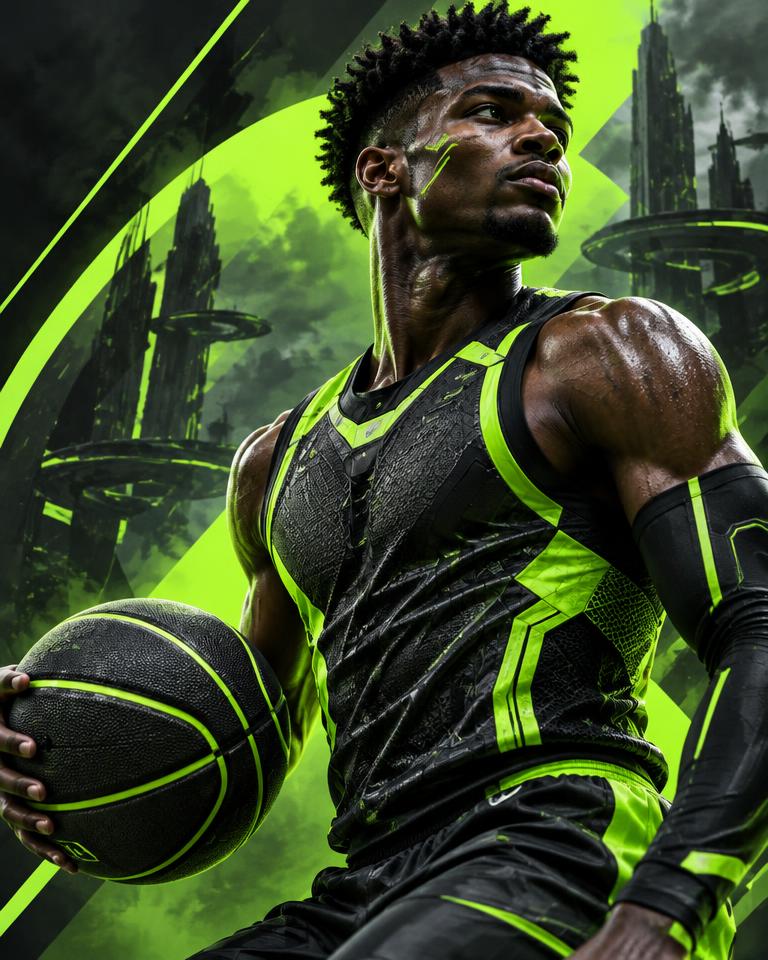 Concept artwork: basketball player in lime and black holding a ball