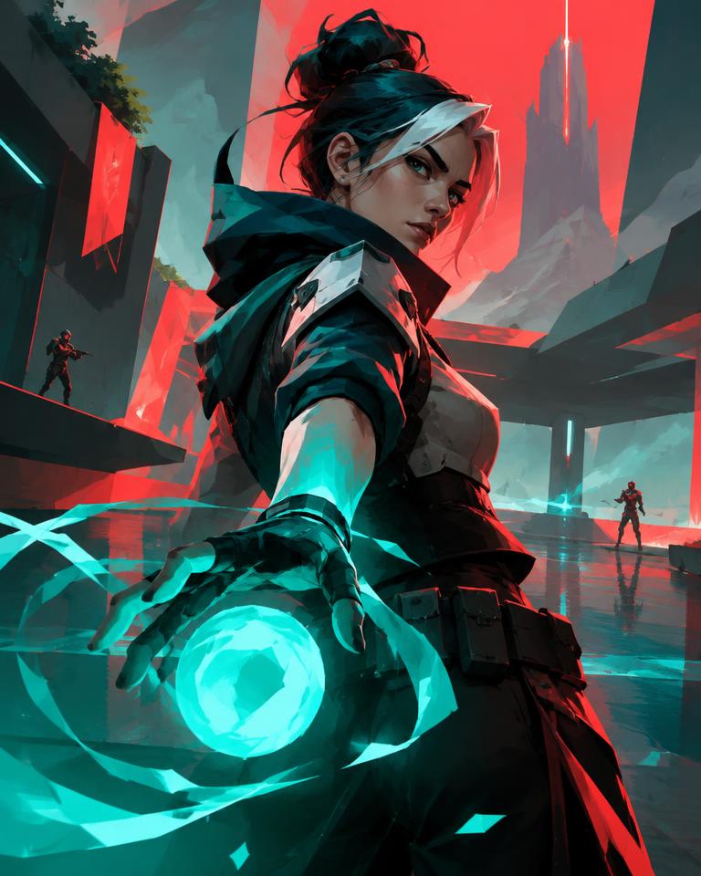 Concept artwork: agent with glowing teal ability in a red angular arena