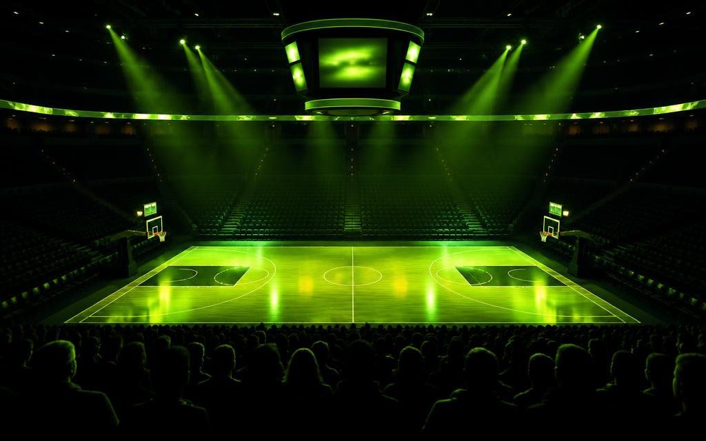 Concept artwork: spotlit basketball arena packed with fans