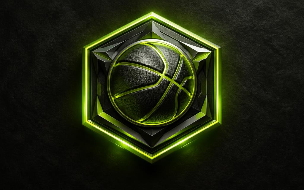 Concept artwork: hexagonal basketball badge emblem glowing lime