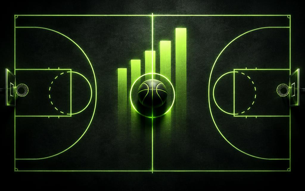 Concept artwork: glowing lime basketball court with rising rating bars