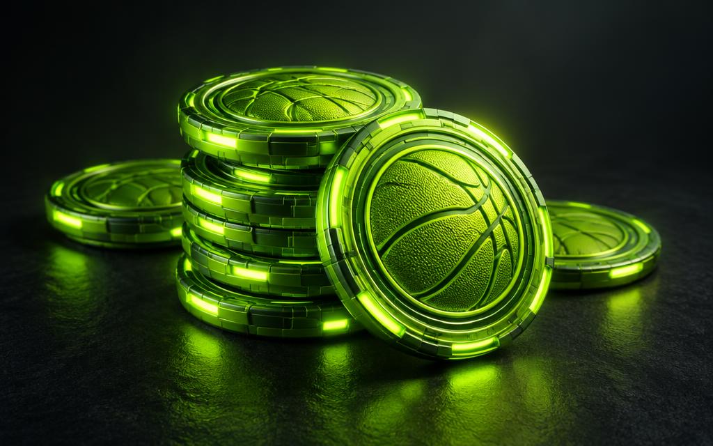 Concept artwork: stack of glowing lime basketball coins